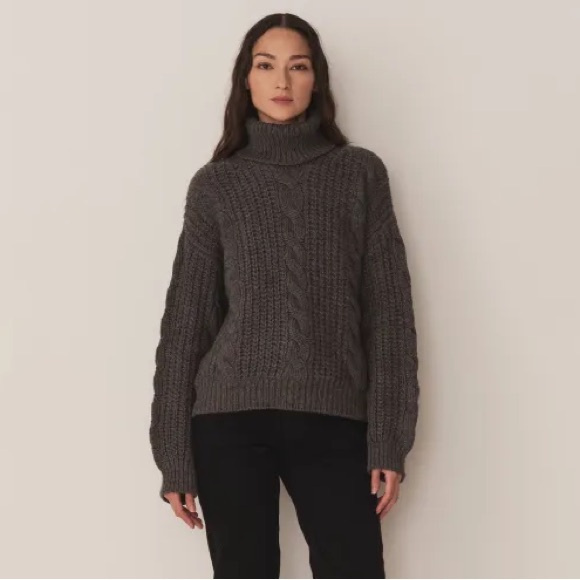 Doen Leighton Merino Wool Cable Knit Turtle Mock Neck Sweater Dark Grey - Picture 4 of 10